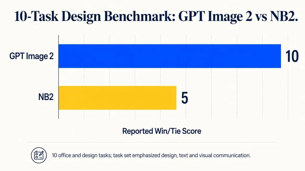 Horizontal bar chart showing GPT Image 2 with a reported win/tie score of 10 and NB2 with a score of 5 across a 10-task office and design benchmark.