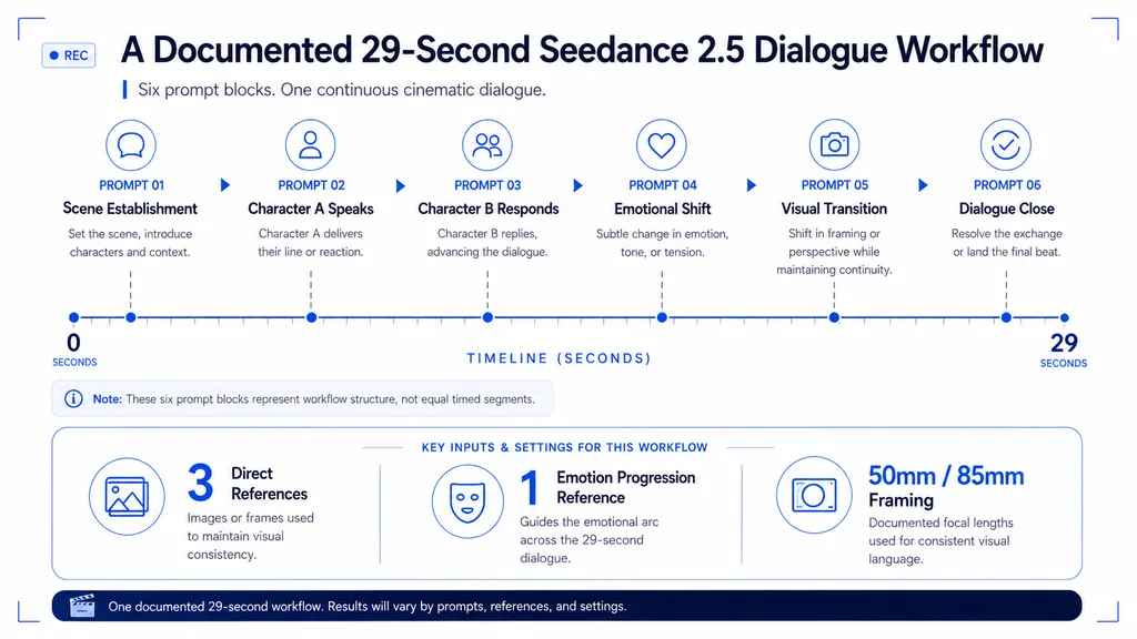 Timeline visualization of a documented 29-second Seedance 2.5 dialogue workflow using six prompt blocks, three direct references, one emotion progression reference, and 50mm and 85mm framing.
