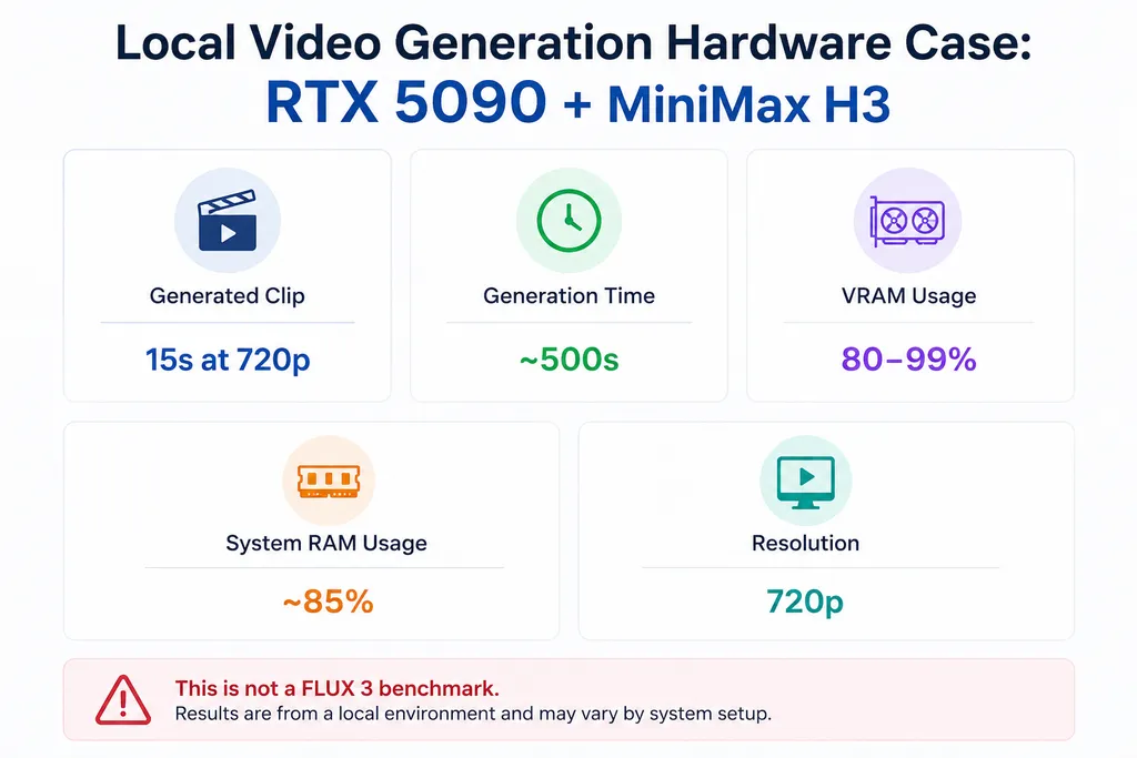 Hardware case chart showing a MiniMax H3 local generation on an RTX 5090 with 64GB RAM: a 15-second 720p clip took about 500 seconds, VRAM usage ranged from 80% to 99%, and system RAM usage was about 85%. This is not a FLUX 3 benchmark.