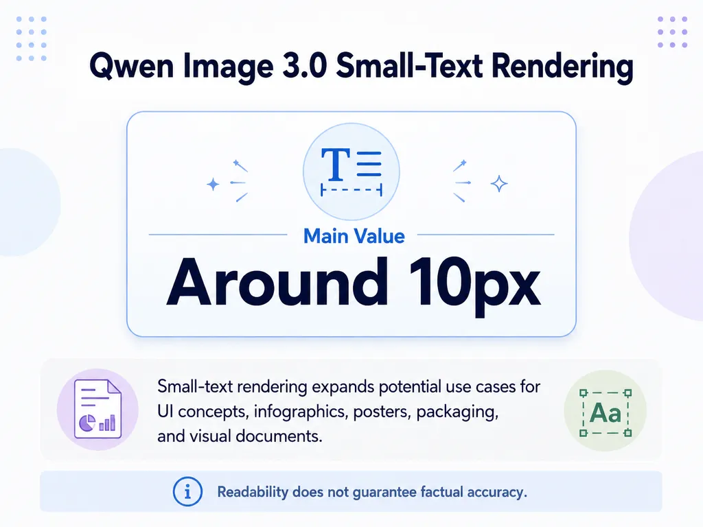Graphic highlighting Qwen Image 3.0's reported ability to render text at around 10 pixels, with examples of professional design applications such as UI, posters, and infographics.