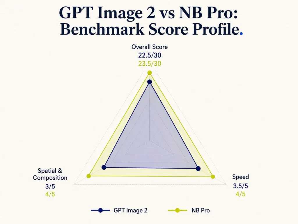 Radar chart comparing GPT Image 2 and NB Pro using an overall score of 22.5 out of 30 versus 23.5 out of 30, spatial scores of 3 out of 5 versus 4 out of 5, and speed scores of 3.5 out of 5 versus 4 out of 5.