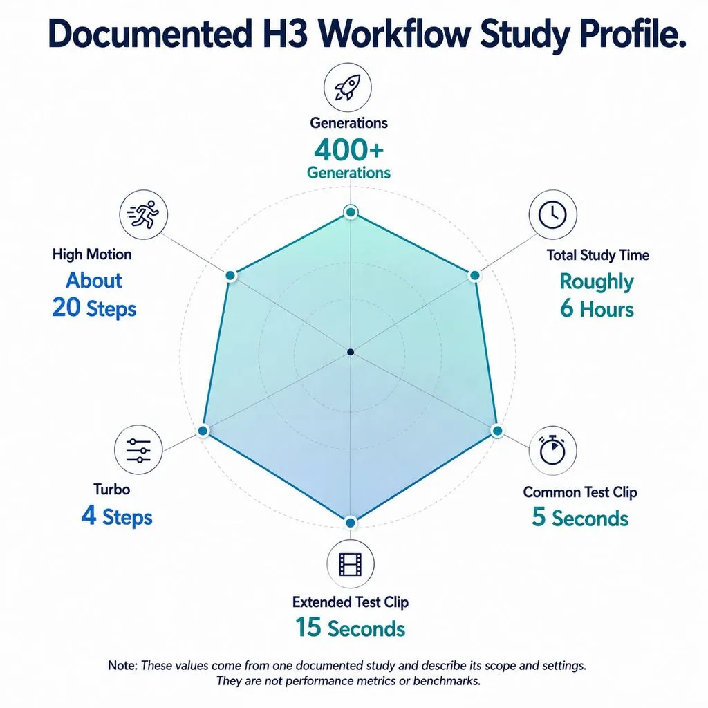 Radar-style profile summarizing one documented H3 study with more than 400 generations over roughly six hours, common 5-second tests, 15-second extended tests, 4-step Turbo iteration, and about 20 steps for high-motion sequences.