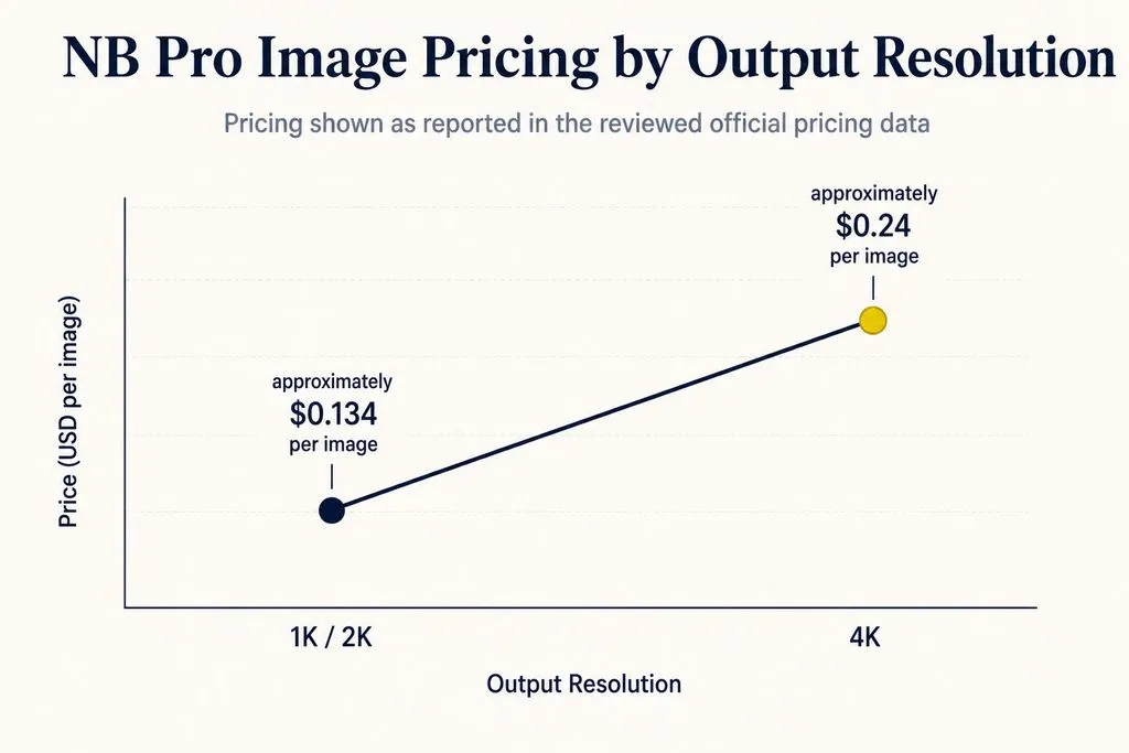 Line chart showing NB Pro image pricing at approximately $0.134 for 1K or 2K output and approximately $0.24 for 4K output.