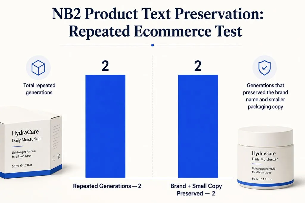 Gráfico de dos generaciones repetidas de e-commerce con NB2 y dos resultados que conservaron la marca y el texto pequeño del envase.