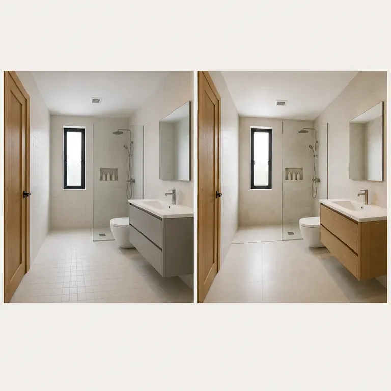 Comparación de antes y después del mismo baño en encuadre dividido