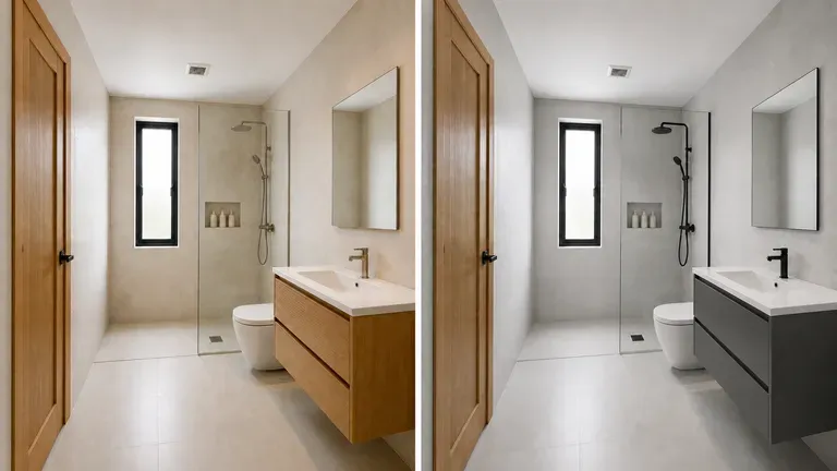 Dos interpretaciones de modelos de la misma vista previa de baño lado a lado