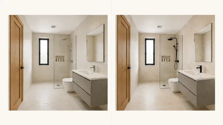 Antes y después de un revestimiento con solo los azulejos y los accesorios cambiados