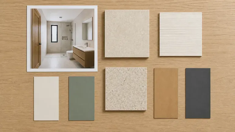 Vista previa conceptual de baño junto a muestras de azulejos y tarjetas de colores