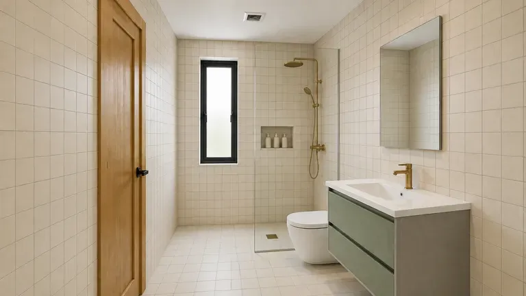 Baño de alquiler con solo accesorios y colores cambiados en la vista previa