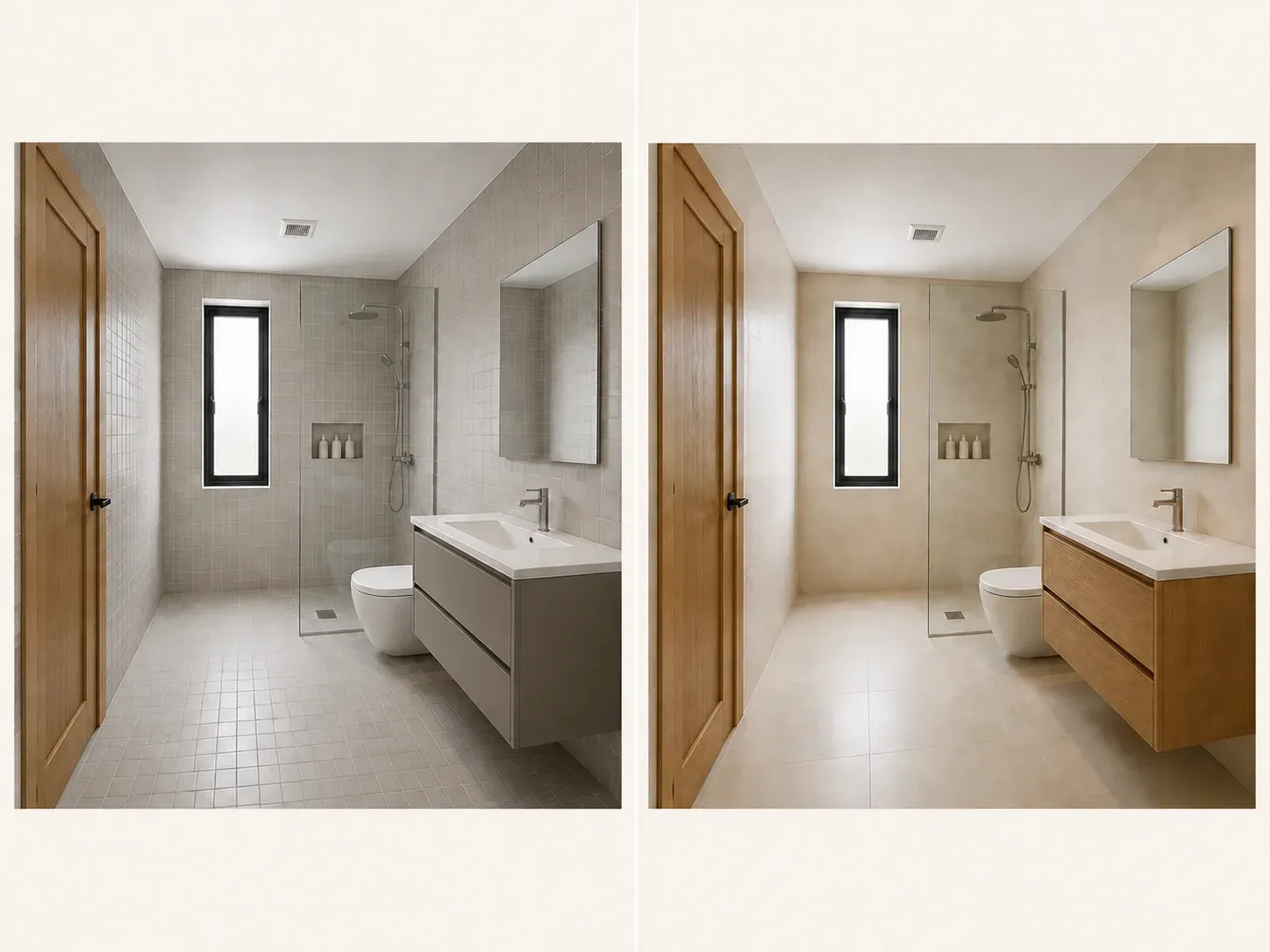 Baño corriente antes y después: la misma posición de cámara y distribución de sanitarios, ahora con una ducha moderna y azulejos de piedra clara