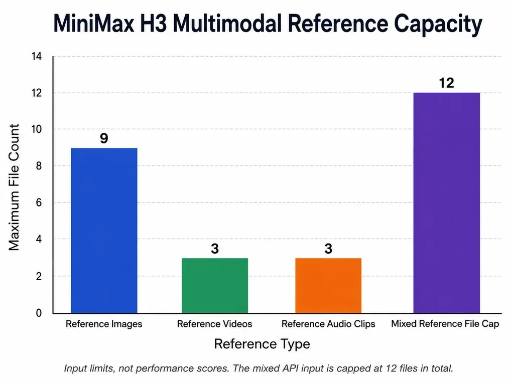 showing MiniMax H3 reference input limits of nine images, three videos, three audio clips and a 12-file mixed-reference cap.