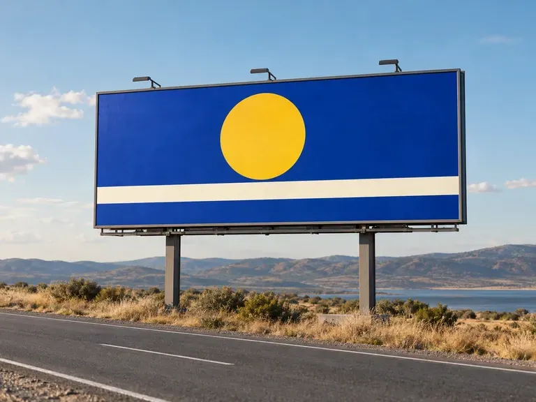 Presentación de campaña en carretera: muestra una superficie publicitaria amplia con la carretera y el paisaje circundante