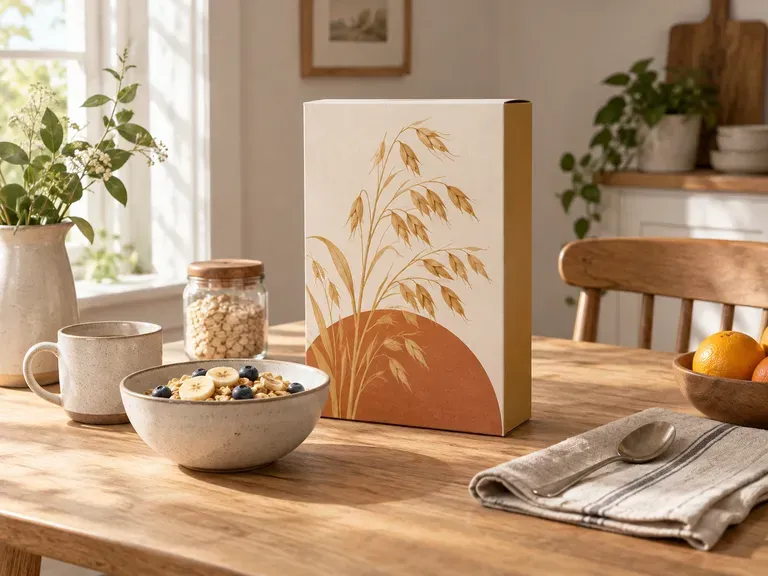 Concepts de table de petit-déjeuner : une boîte de céréales présentée à côté d’une mise en scène de table matinale