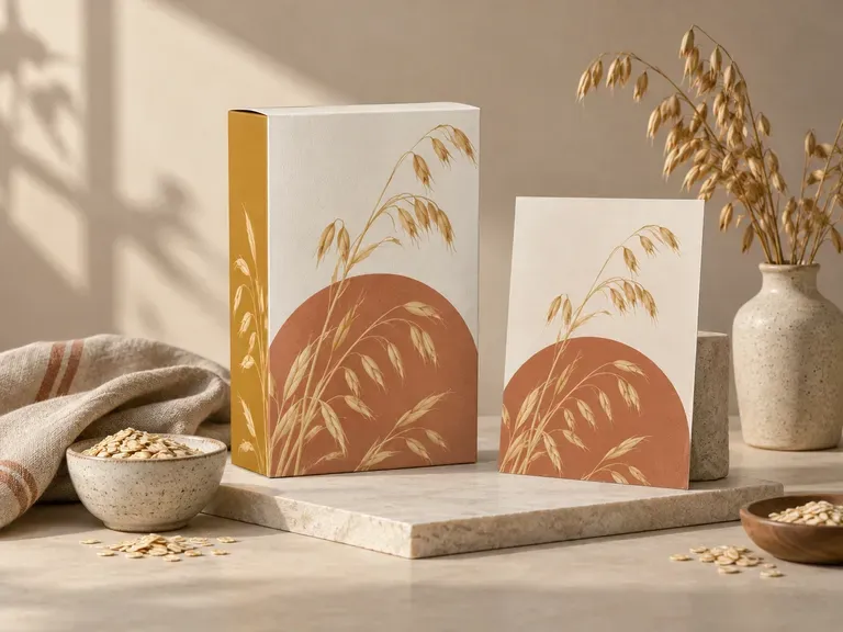 Images de portfolio d’emballage : création graphique de céréales finalisée présentée comme un concept produit