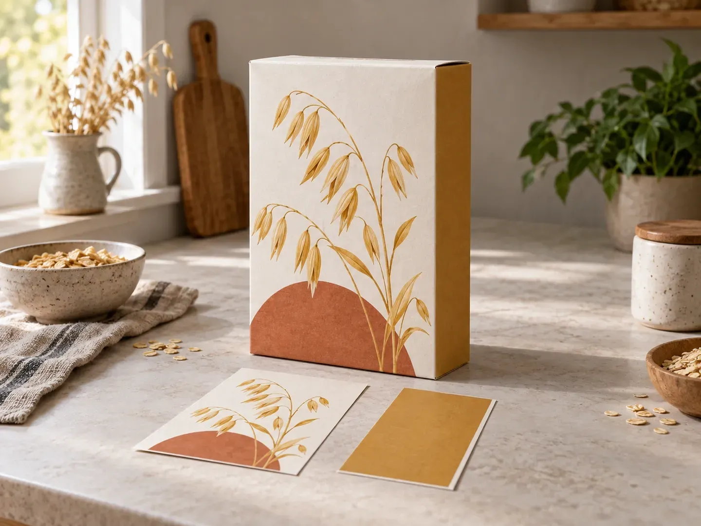 Création graphique d’emballage de céréales de face et de côté présentée sur une boîte