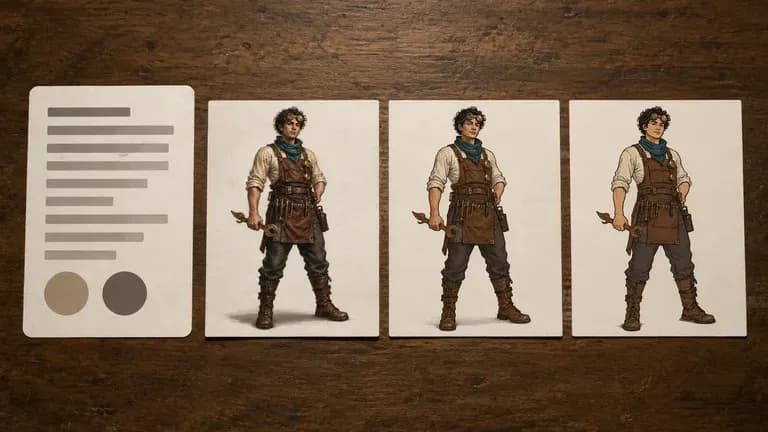Carte de consigne près de trois miniatures de rendus d’essai du même personnage