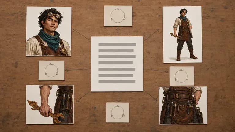 Carte de consigne entourée de rendus d’essai de personnage et de notes manuscrites sur un canevas