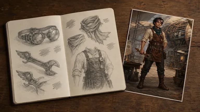 Illustration de personnage de projet personnel près d’un carnet manuscrit informel