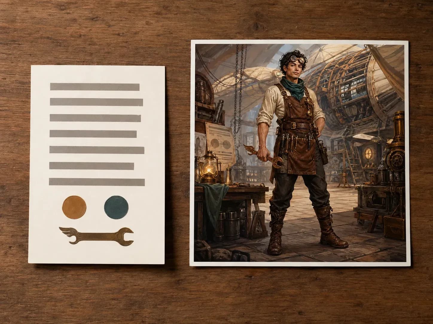 Carte imprimée de descriptif de personnage près de l’illustration originale produite : mécanicien de dirigeable steampunk