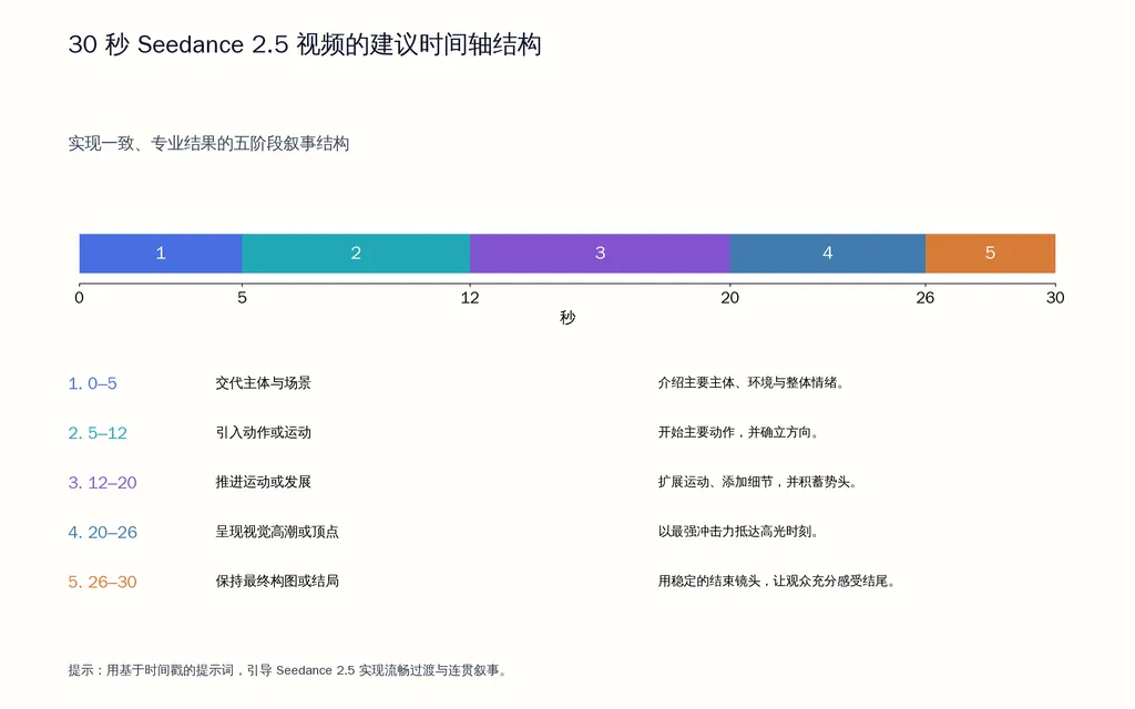 30 秒 Seedance 2.5 视频的建议时间轴结构