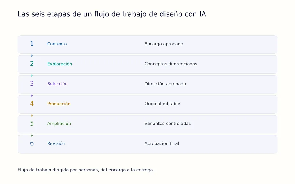 Las seis etapas de un flujo de trabajo de diseño con IA