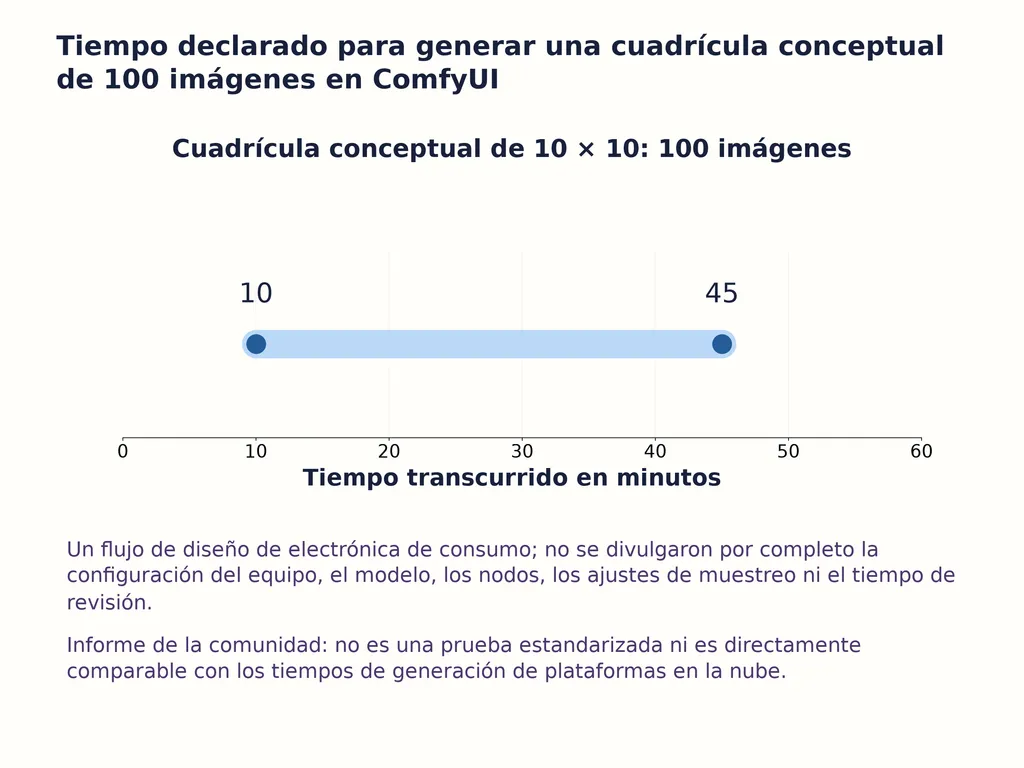 Tiempo declarado para generar una cuadrícula conceptual de 100 imágenes en ComfyUI