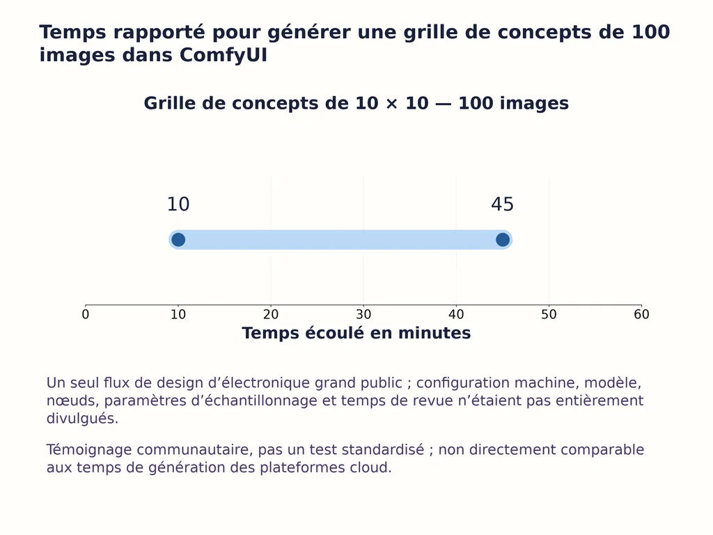 Temps rapporté pour générer une grille de concepts de 100 images dans ComfyUI