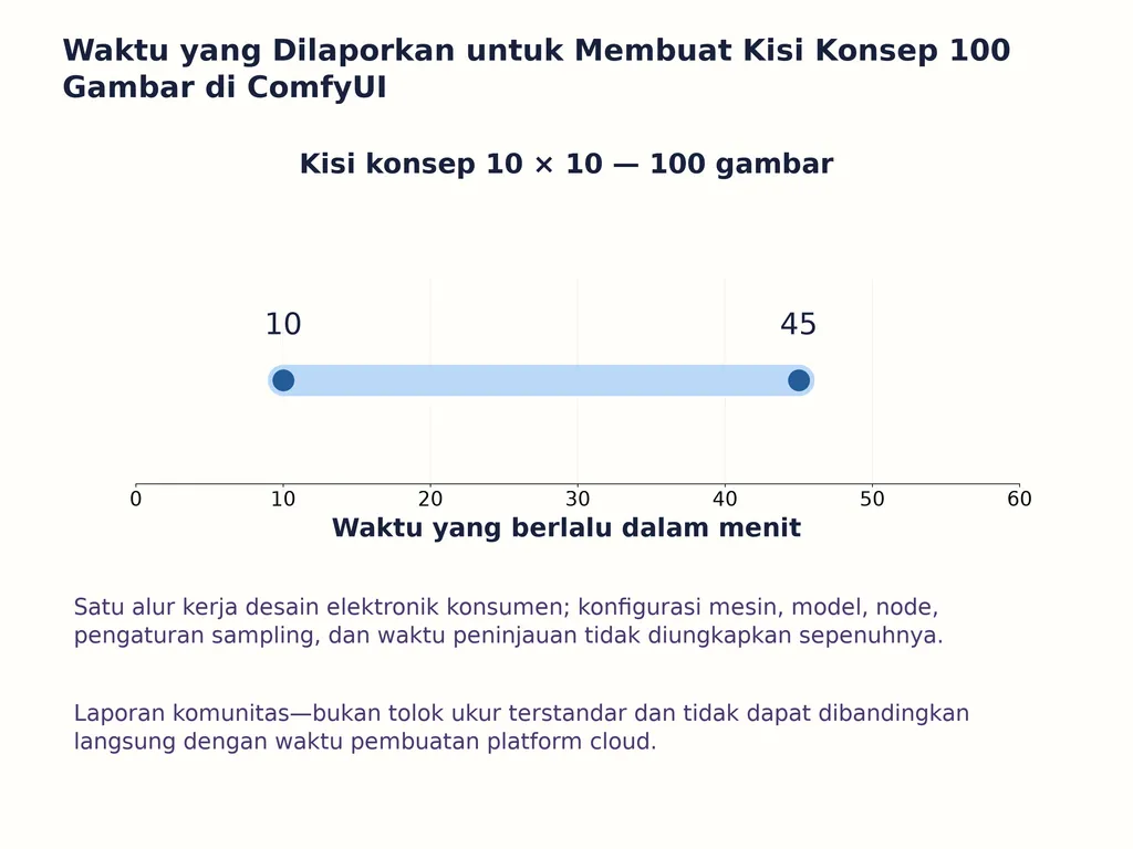 Waktu yang Dilaporkan untuk Membuat Kisi Konsep 100 Gambar di ComfyUI