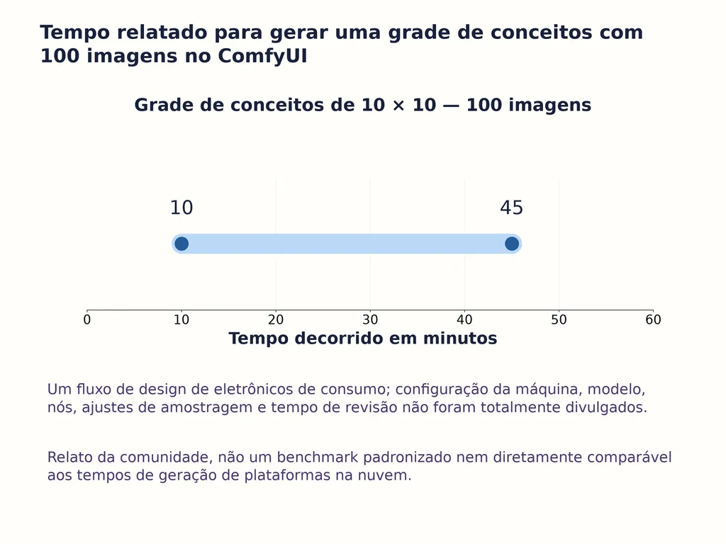 Tempo relatado para gerar uma grade de conceitos com 100 imagens no ComfyUI