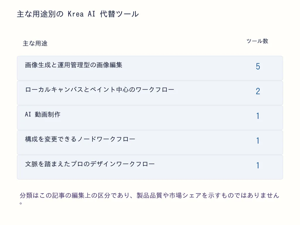 主な用途別の Krea AI 代替ツール