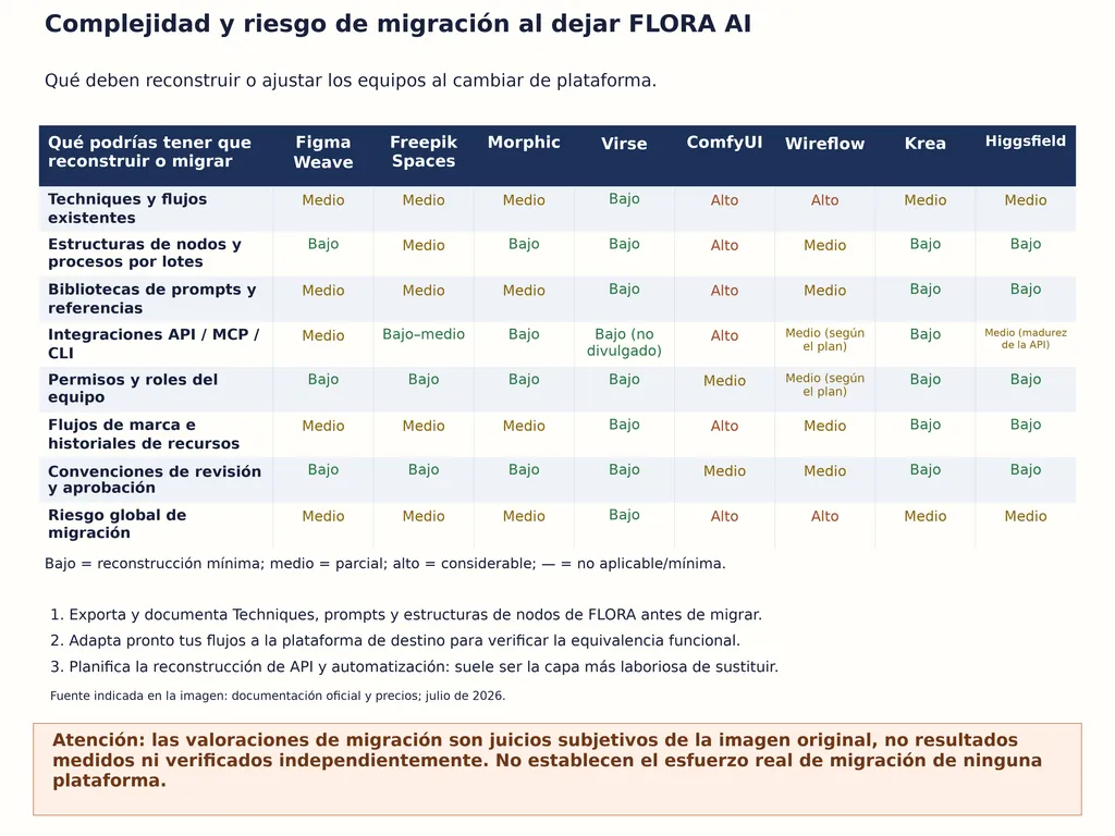 Complejidad y riesgo de migración al dejar FLORA AI