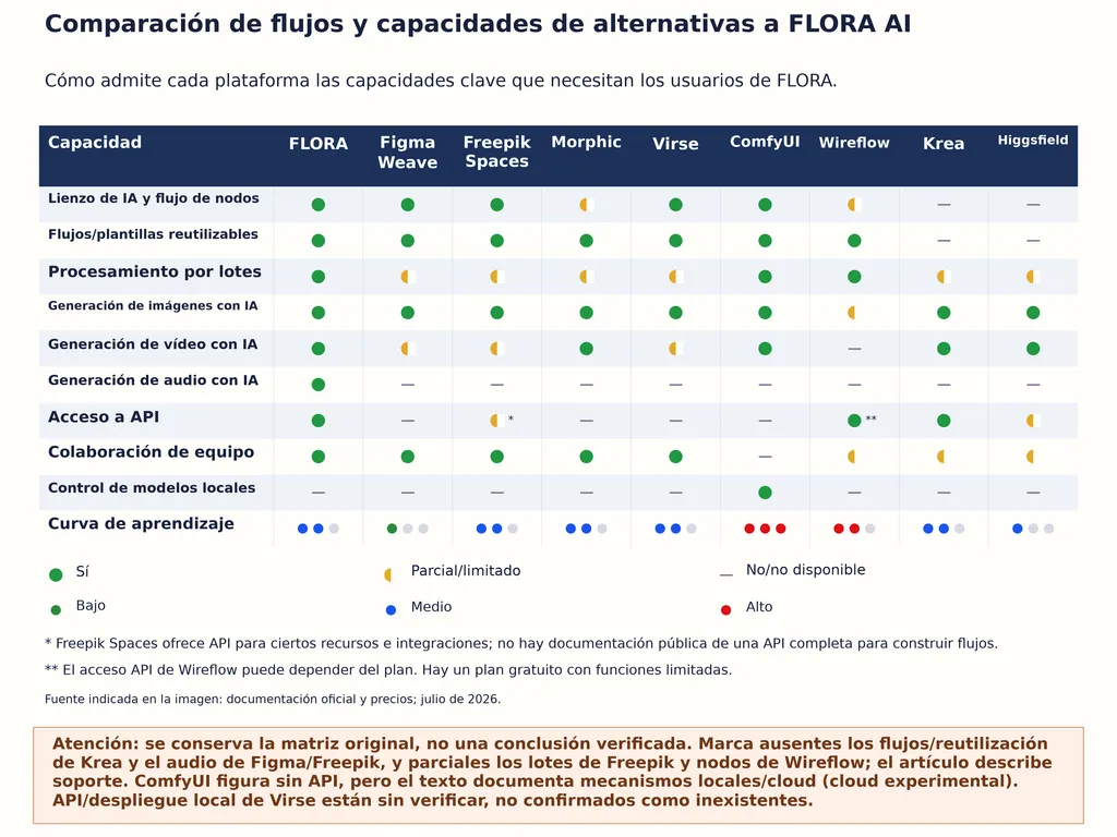Comparación de flujos y capacidades de alternativas a FLORA AI