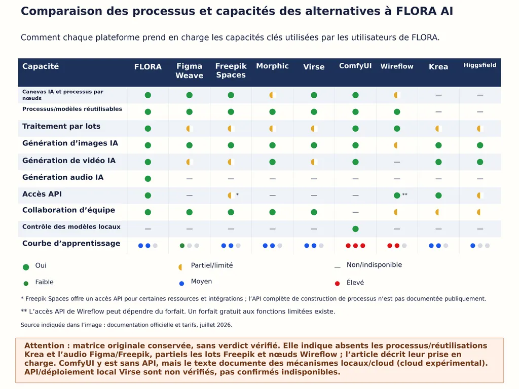 Comparaison des processus et capacités des alternatives à FLORA AI