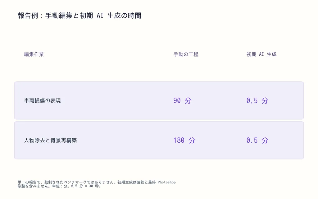 報告例：手動編集と初期 AI 生成の時間