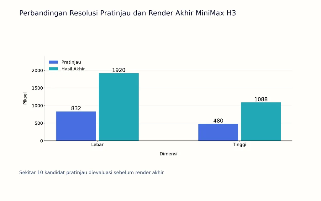 Perbandingan Resolusi Pratinjau dan Render Akhir MiniMax H3
