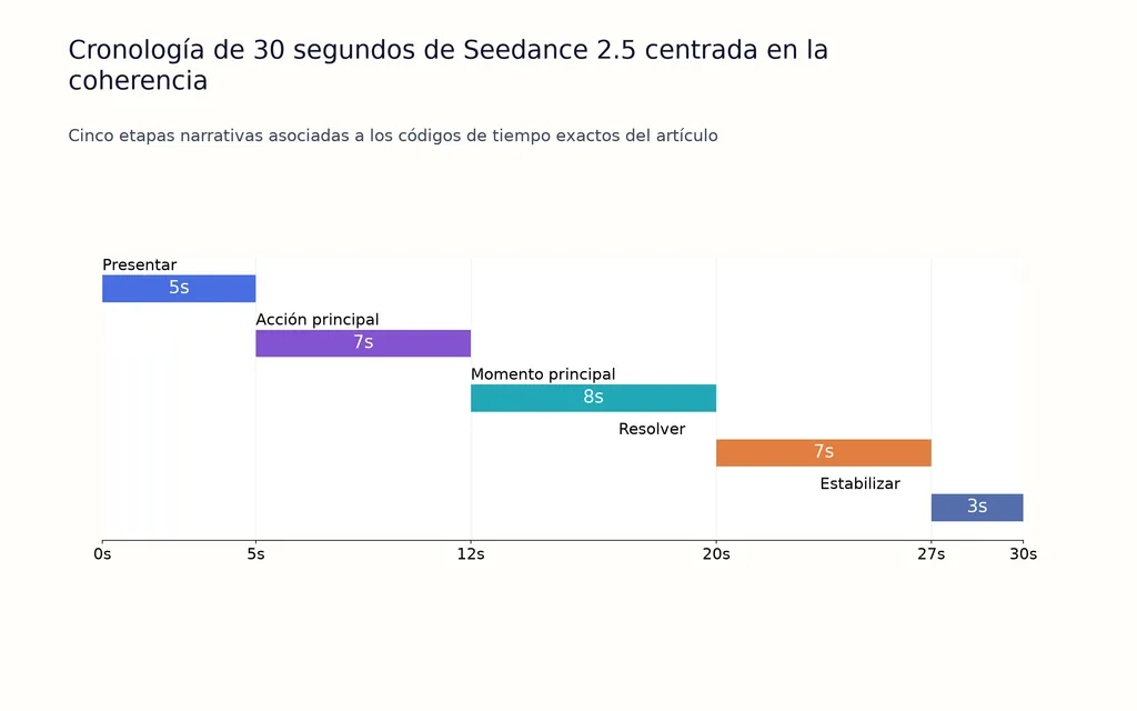 Cronología de 30 segundos de Seedance 2.5 centrada en la coherencia