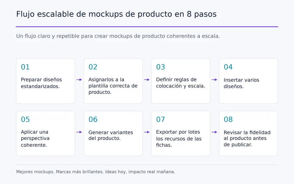 Flujo escalable de mockups de producto en 8 pasos