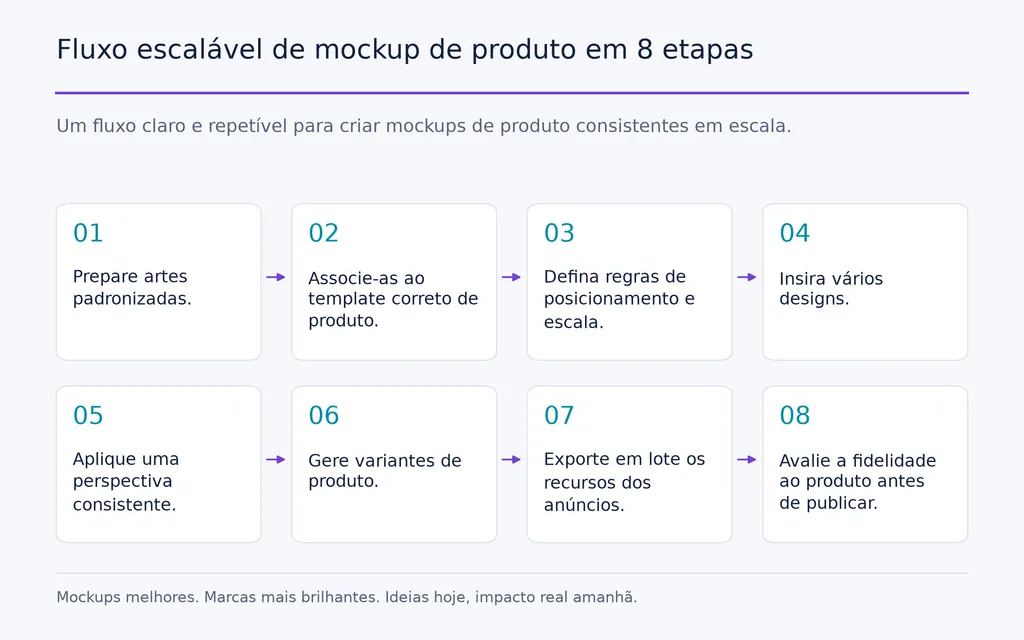 Fluxo escalável de mockup de produto em 8 etapas