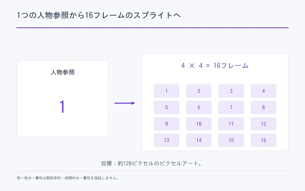 1つの人物参照から16フレームのスプライトへ