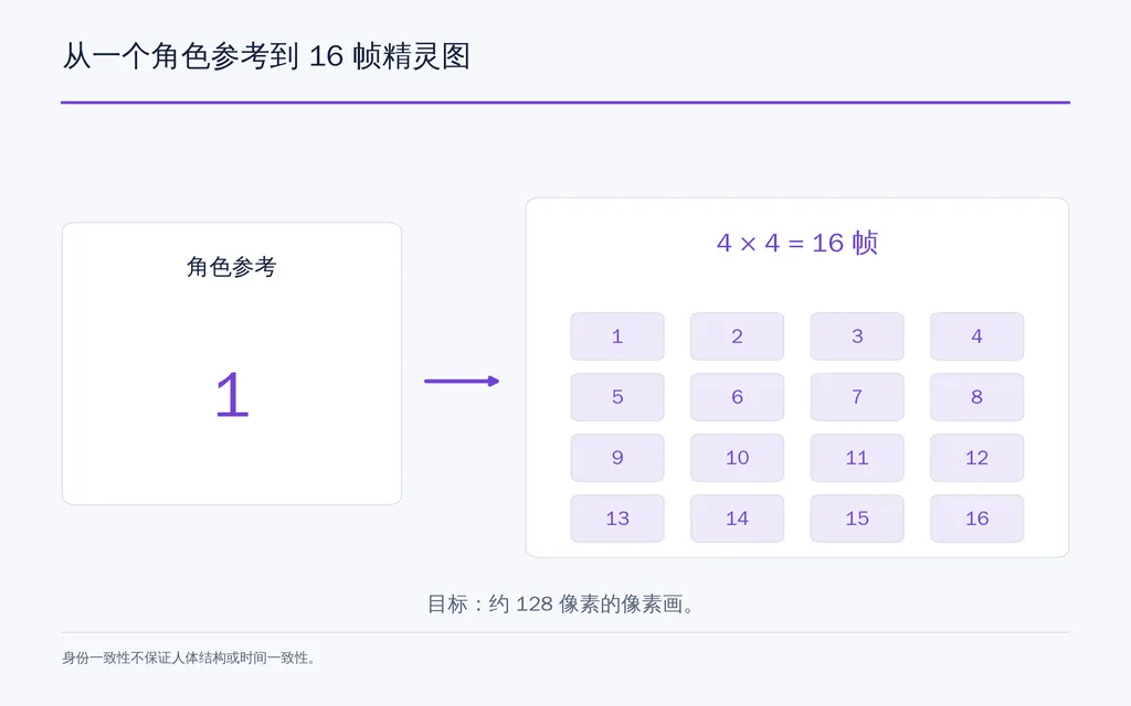 从一个角色参考到 16 帧精灵图