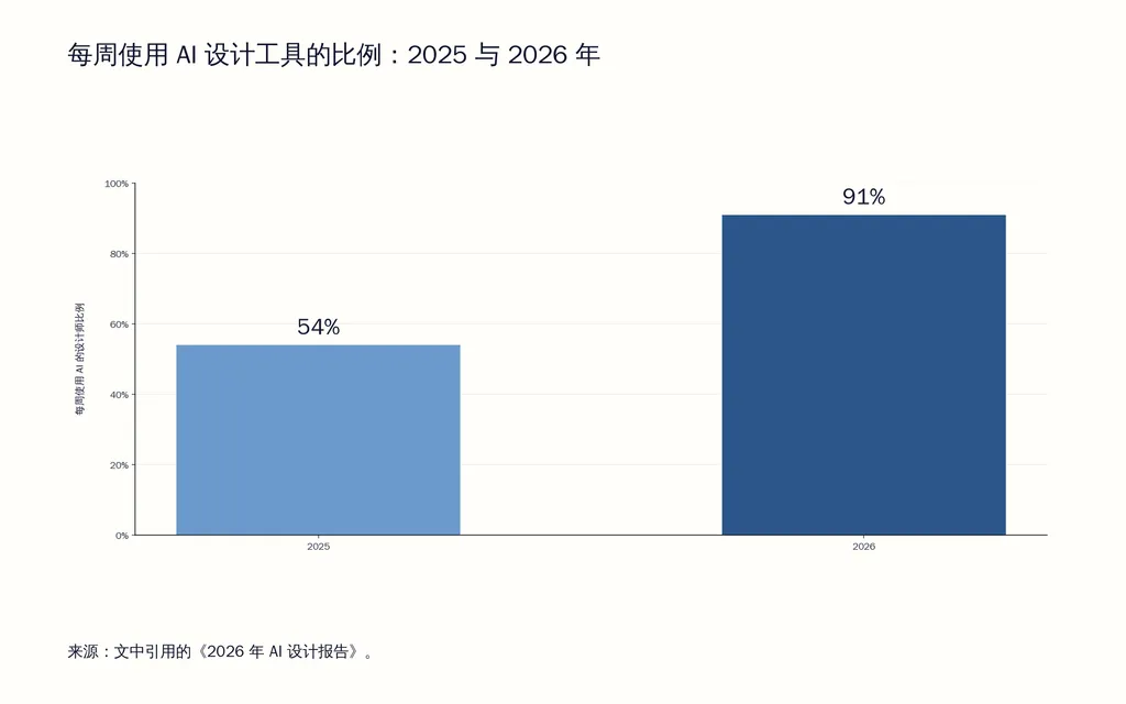 每周使用 AI 设计工具的比例：2025 与 2026 年