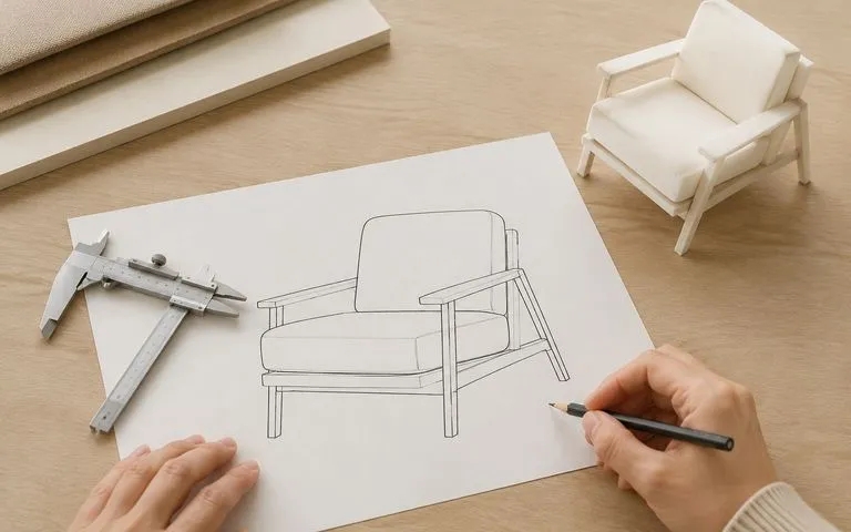 Dessin au trait imprimé d’un fauteuil sur le bureau d’un designer, près d’un pied à coulisse et d’une maquette d’étude en mousse