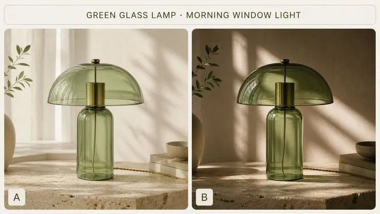 Two green glass lamp concepts compared in morning window light for Seedream 5.0