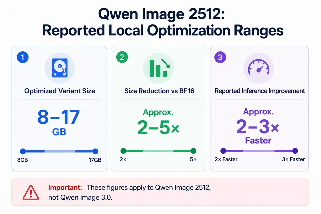 Three-panel range chart showing Qwen Image 2512 community optimization examples of 8 to 17GB variants, approximately 2 to 5 times size reduction versus BF16, and approximately 2 to 3 times faster inference.