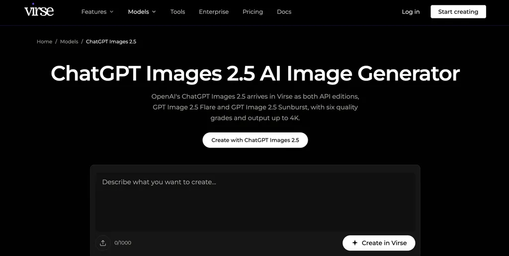 Tangkapan Layar Halaman Model ChatGPT Images 2.5 di Virse