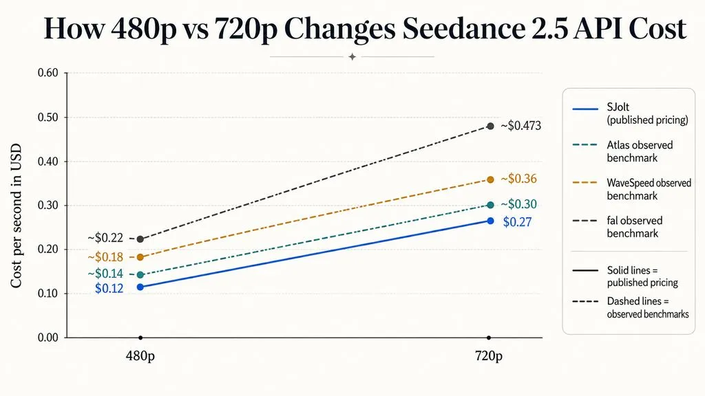 Line chart showing higher Seedance 2.5 API costs at 720p than 480p: SJolt rises from $0.12/s to $0.27/s, Atlas benchmark from about $0.14/s to $0.30/s, WaveSpeed benchmark from about $0.18/s to $0.36/s, and fal benchmark from about $0.22/s to $0.473/s.