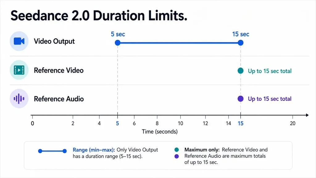 Range chart showing Seedance 2.0 video output lasts 5 to 15 seconds, while reference video and reference audio can each total up to 15 seconds.