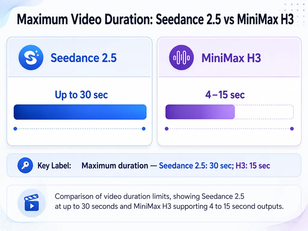 Comparison of video duration limits, showing Seedance 2.5 at up to 30 seconds and MiniMax H3 supporting 4 to 15 second outputs.