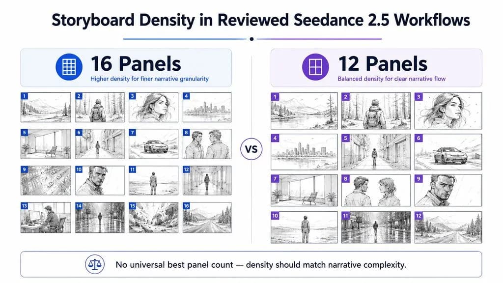 Comparison chart showing two reviewed Seedance 2.5 storyboard workflows using 16 panels and 12 panels, with a note that there is no universal best panel count.