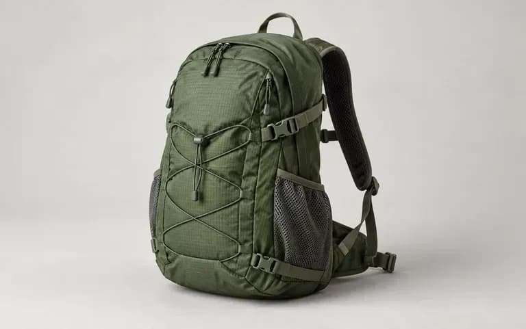 A daypack turned to show its side pockets